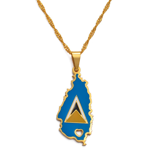 Saint Lucia Heart Map and Flag Necklace